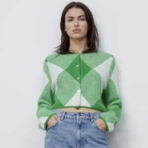 Zara Argyle Jacquard Knit Cardigan Crop Size L Oversized Green/White